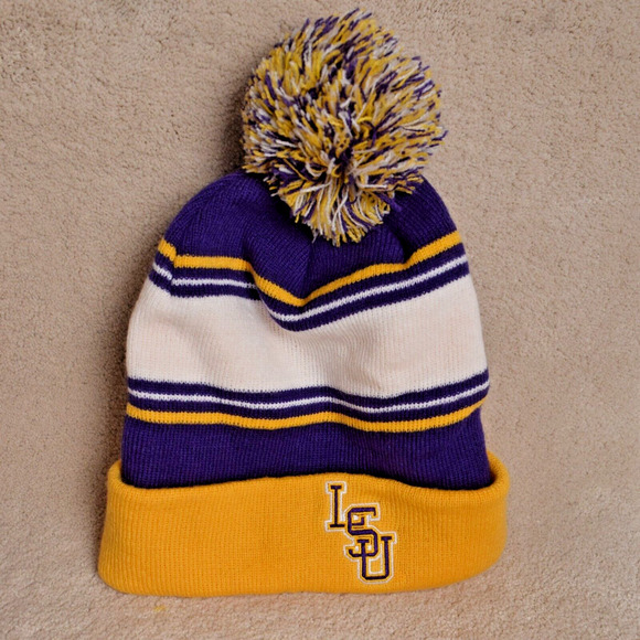 LSU Fighting Tigers Knit Cap with Pom-Pom Purple & Gold Embroidered Winter Hat - Picture 1 of 11
